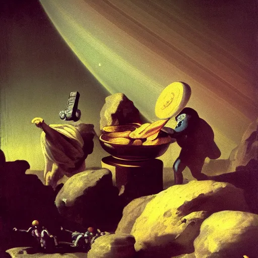 Prompt: goya painting of saturn eating his son represented with robots, ray tracing, master shot, octane render, 8k, ultra hd, perfect light