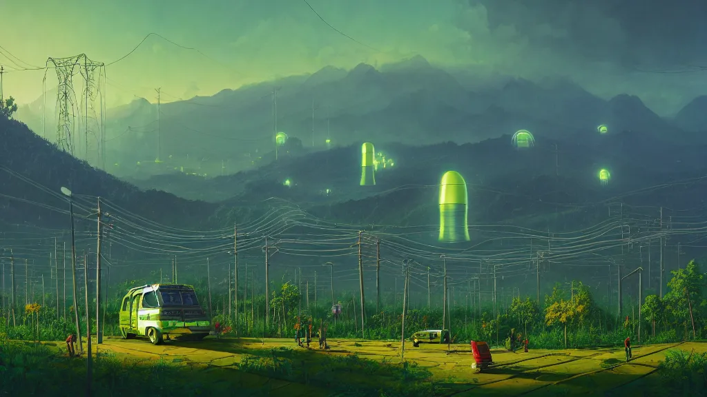 Image similar to Nuclear Nature Solarpunk harmony; the mountains and city of Quito are towered over by giant nuclear power plants covered with foliage; by Simon Stålenhag, oil on canvas; Art Direction by James Cameron; 4K, 8K; Ultra-Realistic Depth Shading