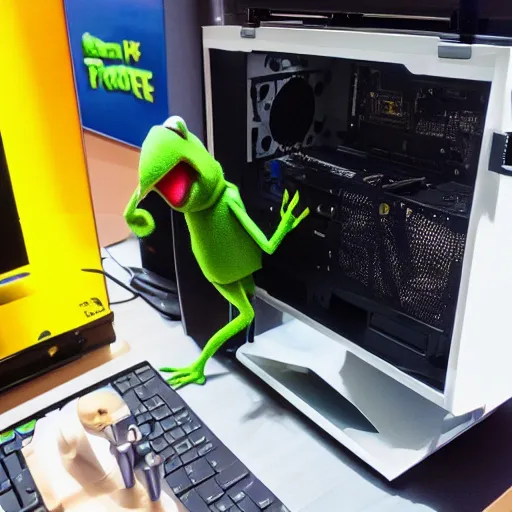 Image similar to “Kermit the frog builds a pc, leaning over a pc computer case with a screwdriver, 4k photo unreal”