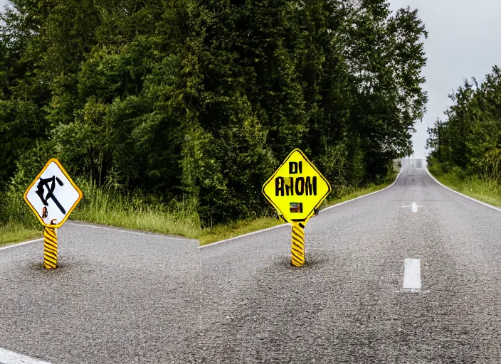 Image similar to photo still of two street signs on a country road shaped like arrows pointing left and right with the words left on one and right on the other, 8 k 8 5 mm f 5. 6