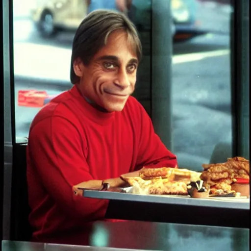 Prompt: tony danza through the window of mcdonald's stares dejectedly at his food, paparazzi photo