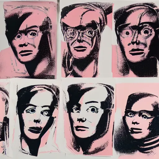 Image similar to silkscreen and lithography to create pictures of cyborgs in the style of andy warhol