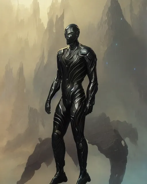 Image similar to iridescent wiry muscular male smooth sleek glossy black pearlescent scifi armor, by greg rutkowski and mark brookes and jim burns and tom bagshaw and magali villeneuve, trending on artstation