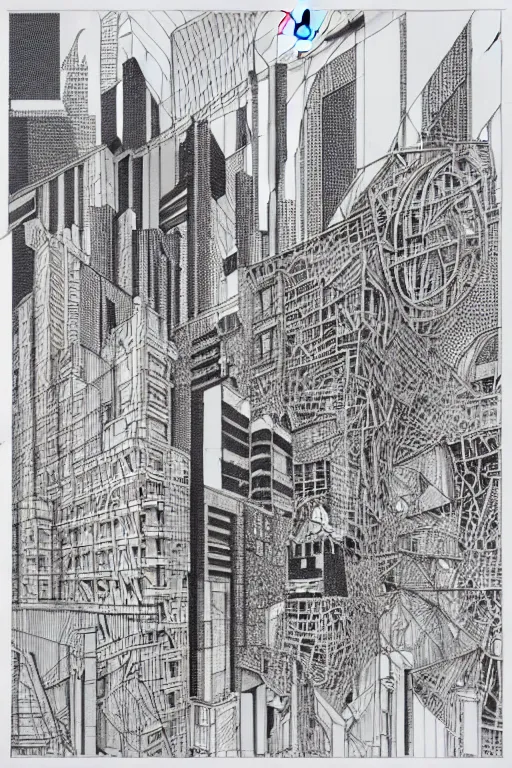 Image similar to a black and white drawing of a building, cityscape, a detailed mixed media collage by hiroki tsukuda and eduardo paolozzi and moebius, intricate linework, sketchbook psychedelic doodle comic drawing, geometric, street art, polycount, deconstructivism, matte drawing, academic art, constructivism