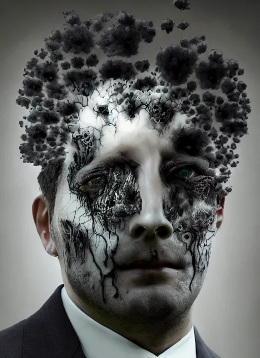 Image similar to dramatic matte portrait painting of man in suit with black mandelbrot fractal instead of face, horror, body horror, dark art, 4 k, detailed, realistic, psychotic, insane, crazy, mental illness, dramatic,