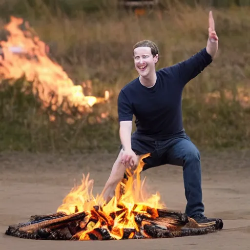 Image similar to mark zuckerberg throwing a circular wooden coaster into a fire