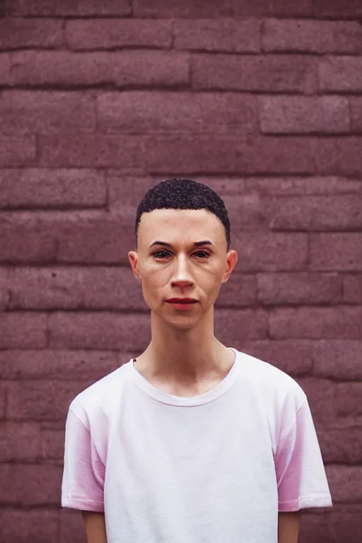 Prompt: a high definition film photograph of a normal mixed race androgynous robot human wearing a plain white t - shirt, on a pastel pink rooftop, london. happy. crushed shadows. sky, clouds. three point light.