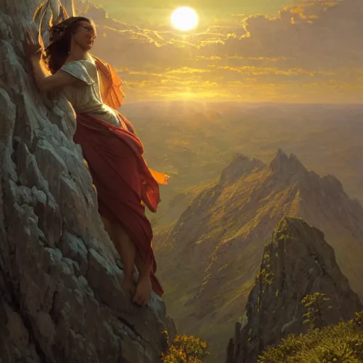 Prompt: an ultradetailed colossal magnificent mountain sized sculpture of an elegant woman, fine detail, sunrise on the horizon in the background, stone hand raised up, 8 k, art by greg rutkowski and alphonse mucha and andreas rocha and albert bierstadt