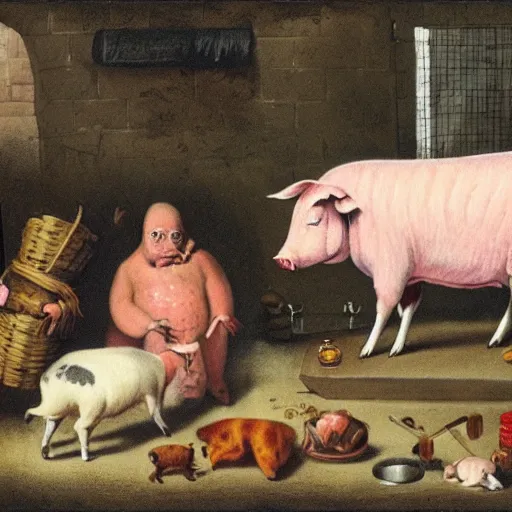 Image similar to butcher giving food to a cat, while being watched by a pig, a sheep, a chicken and a cow