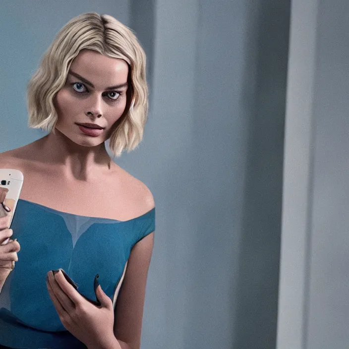 Image similar to margot robbie, holding iphone. very coherent symmetrical artwork. cinematic, high detail, octane render, 8 k, iridescent accents