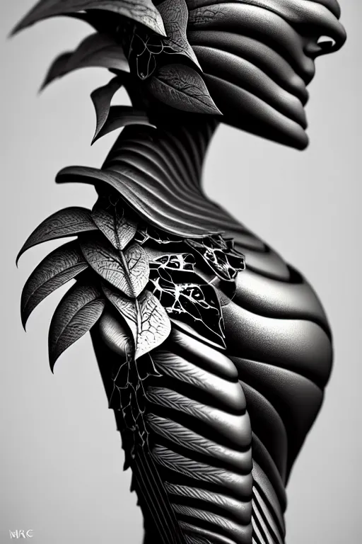 Image similar to monochrome close - up profile face, black background, beautiful young porcelain bio - mechanical vegetal - dragon - cyborg - female, white metallic armour, silver gold details, magnolia leaves and stems, roots, mandelbot fractal, 1 5 0 mm, beautiful natural soft rim light, elegant, hyper real, ultra detailed, octane render, 1 6 k