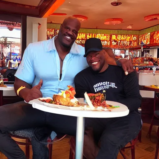 Prompt: shaq having lunch at the the flamingo cafe by william maranci