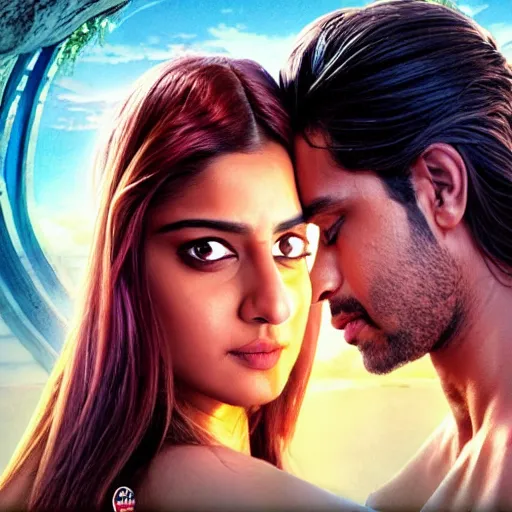 Image similar to perfectly centered bollywood movie promotional poster of anatomically correct hero and heroine romantic pose, faces symmetrical, modelling photography ; real life portrait ; ultra realistic, high coherence, intricate, hdr, highly detailed, photorealistic, octane render, 8 k, unreal engine ; art by artgerm, greg rutkowski, charlie bowater, alphonse mucha