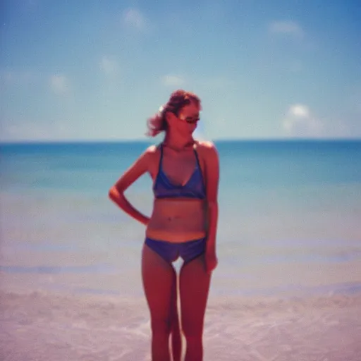 Prompt: a film photo of woman at a beach, Kodak gold 200 film