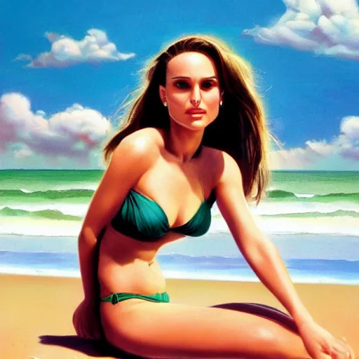 Image similar to Natalie Portman at the beach, Joe Jusko, 8k photography, trending on artstation, frank Frazetta