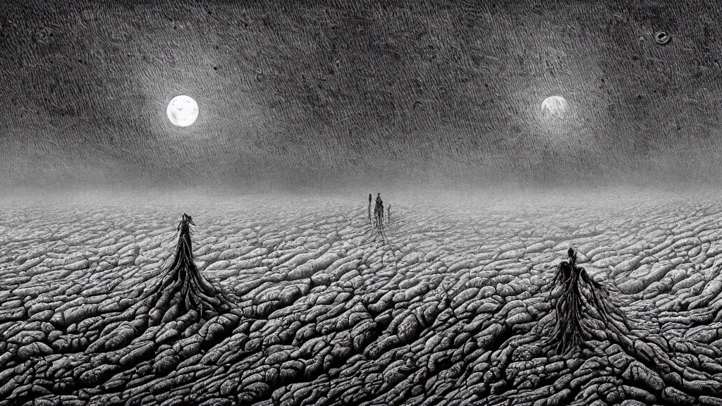 Prompt: detailed stylized horror illustration of the dead and dried up oceans, ethereal world of dead oceans and lifeless endless deserts, under a pale dead moon, a dried and desiccated world, folk horror artwork, dramatic dark eerie lighting, horrific surreal nightmare, 8k resolution artwork, horror art, eerie, creepy, trending on artstation, painting, elaborate excellent painted illustration, smooth, sharp focus