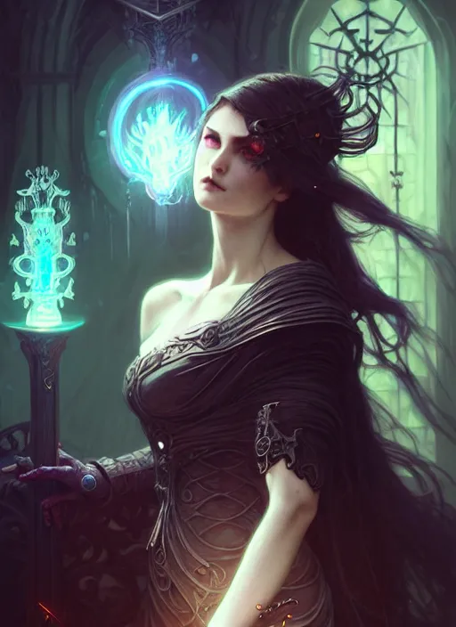 Image similar to Necromancer Sorceress, fantasy magic, undercut hairstyle, dark light night, intricate, elegant, sharp focus, illustration, highly detailed, digital painting, concept art, matte, art by WLOP and Artgerm and Greg Rutkowski and Alphonse Mucha, masterpiece