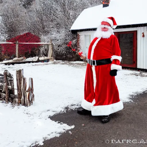 Image similar to santa standing outside a snow - covered cottage, in the style of jenny nystrom
