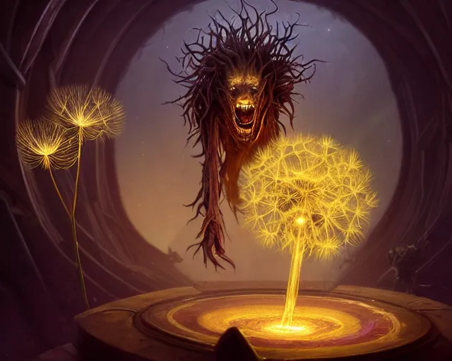 Image similar to 4 k cinematic still portrait of a bipedal dandelion monster in a dark liminal space room, amber glow, deep focus, d & d, fantasy, intricate, elegant, highly detailed, digital art, art station, concept art, matte, sharp focus, illustration, dark fantasy art, hearthstone, art by artgerm and greg rutkowski and alphonse mucha