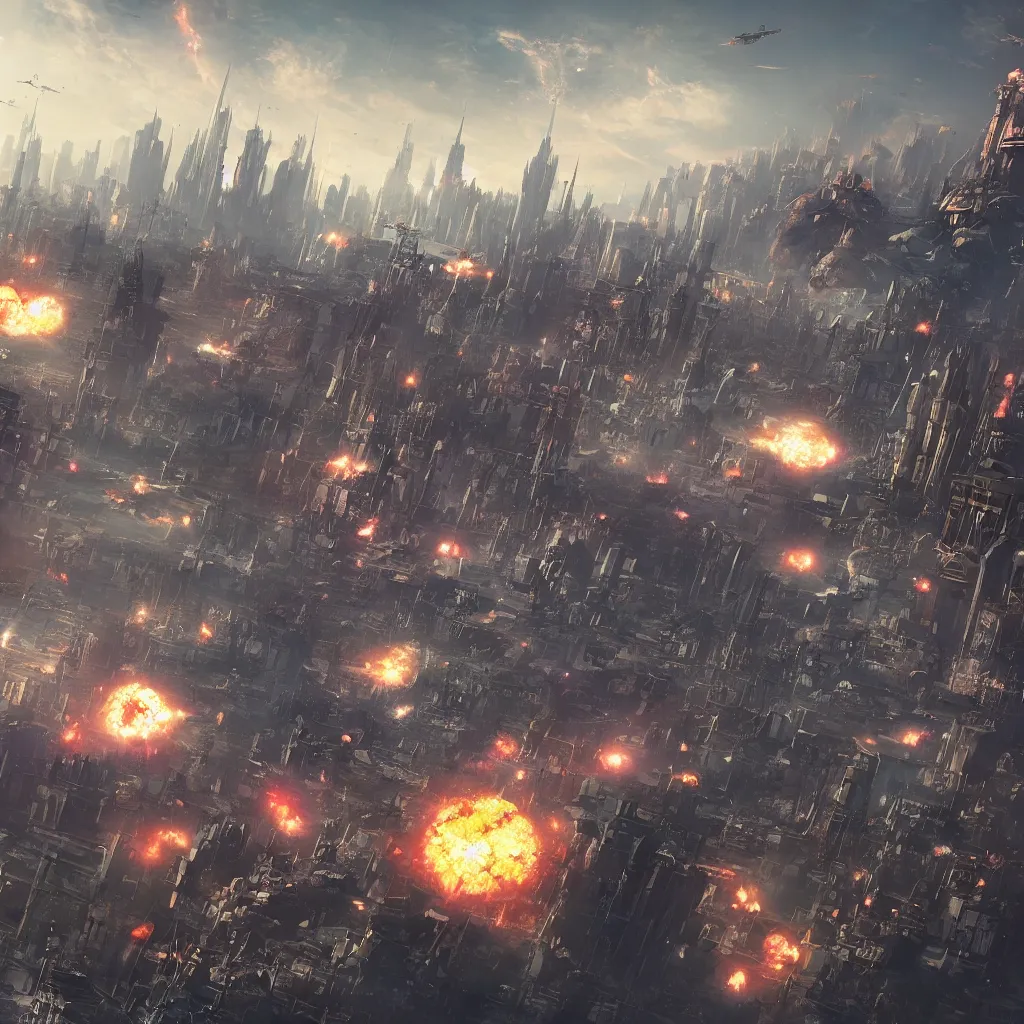 Prompt: [six giant futuristic scifi-bombers] in the center, [a baroque cyberpunk city skyline in the background], [explosions and fire]