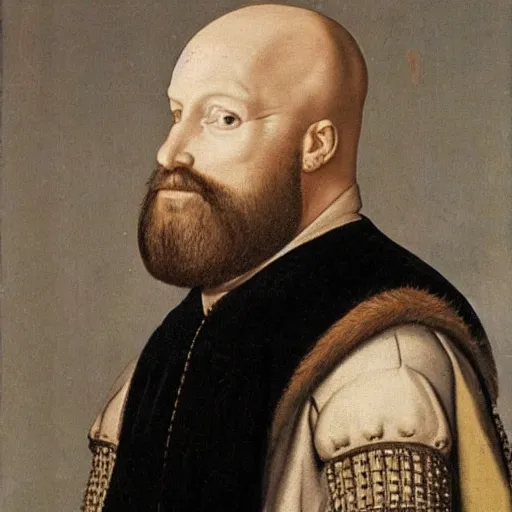 Image similar to medieval nobleman, bald with a black beard and a serious look on his face.