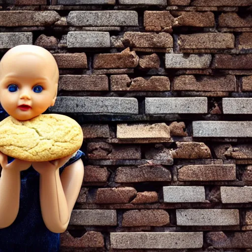 Image similar to plastic doll with giant realistic hands eating a cookie sitting on brick wall, garden background, sky, photo, hd