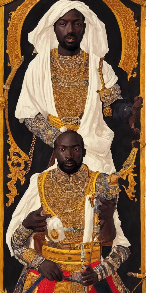 Prompt: a stunning and noble highly detailed romantic period style portrait of mansa musa by josep tapiro baro and harles sillem lidderdale, trending on artstation, oil painting masterpiece, symmetry, rule of thirds, mysterious, photorealistic, very very very aesthetic, african iconography