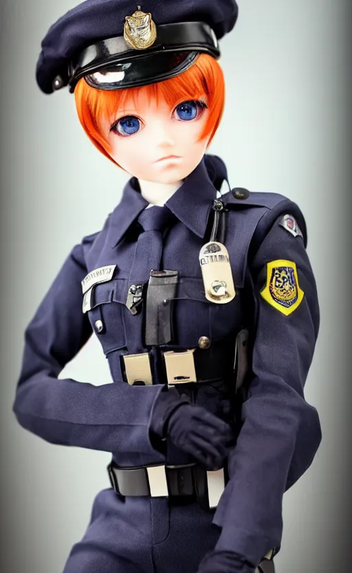 Prompt: dollfie in police uniform, red hair, blue eyes,