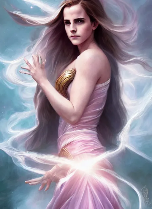 Image similar to emma watson as nature magic celestial, superwoman pose, long hair, soft pink and white transparent cloth, space, D&D, shiny background, intricate, elegant, highly detailed, digital painting, artstation, concept art, smooth, sharp focus, illustration, artgerm, bouguereau