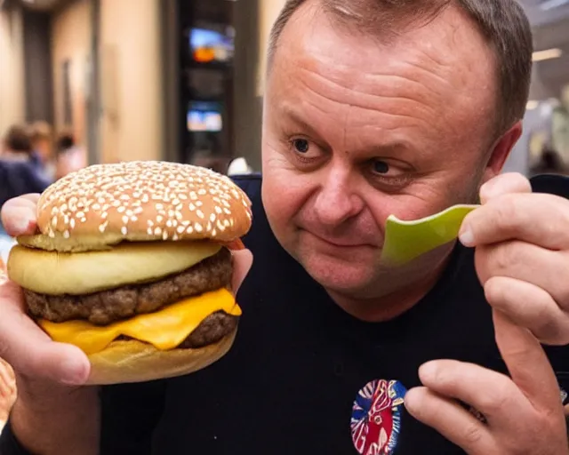 Image similar to Anthony Albanese eating a big mac cheeseburger