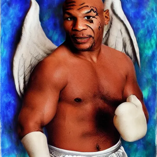 Prompt: mike tyson dressed as the angel of love, realistic portrait