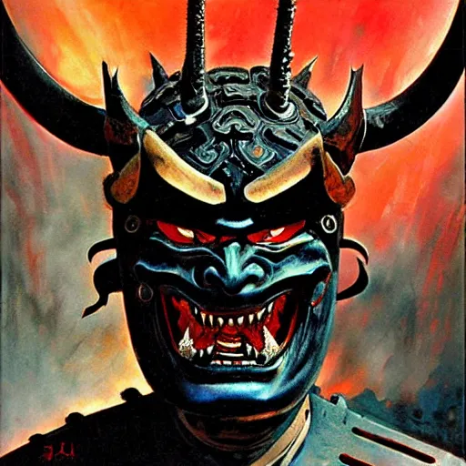 Prompt: demon samurai mask on hell by john berkey, mario feng, mohamed reda