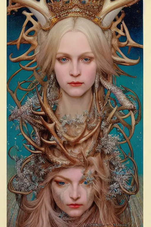 Image similar to a detailed portrait of a blonde haired blue eyed queen of glitter with an antler crown by wayne barlowe and mucha