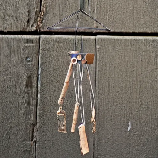 Prompt: This is a sketch of a wind chime made from the pieces of a broken mug. It shows the mug handle as the top piece with strings attached to it, and the bottom pieces of the mug hanging down like little bells, detailed, iso 400