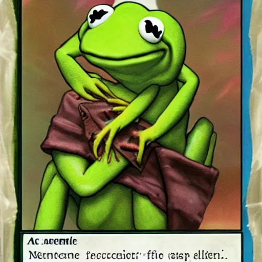 Prompt: a magic the gathering card featuring kermit the frog