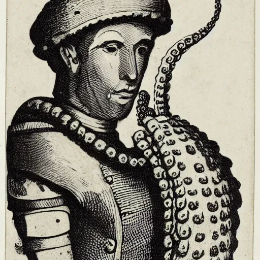 Prompt: A British colonial soldier with an octopus head, engraving, ink, black and white, 14th century