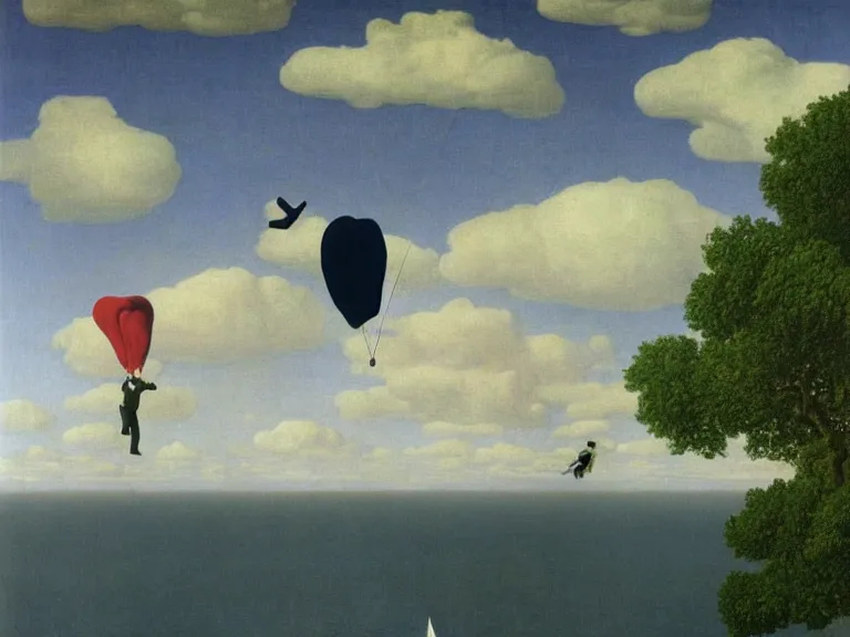 Image similar to man parachuting on a small island in the middle of a big lake painting by rene magritte, high detail, high resolution