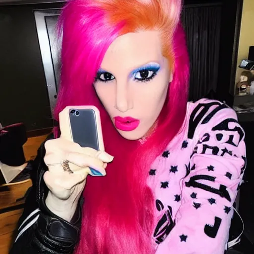 Prompt: jeffree star 2 0 0 0 s selfie with pink red hair doing the 🖕 sign and holding a pink rhinestone phone