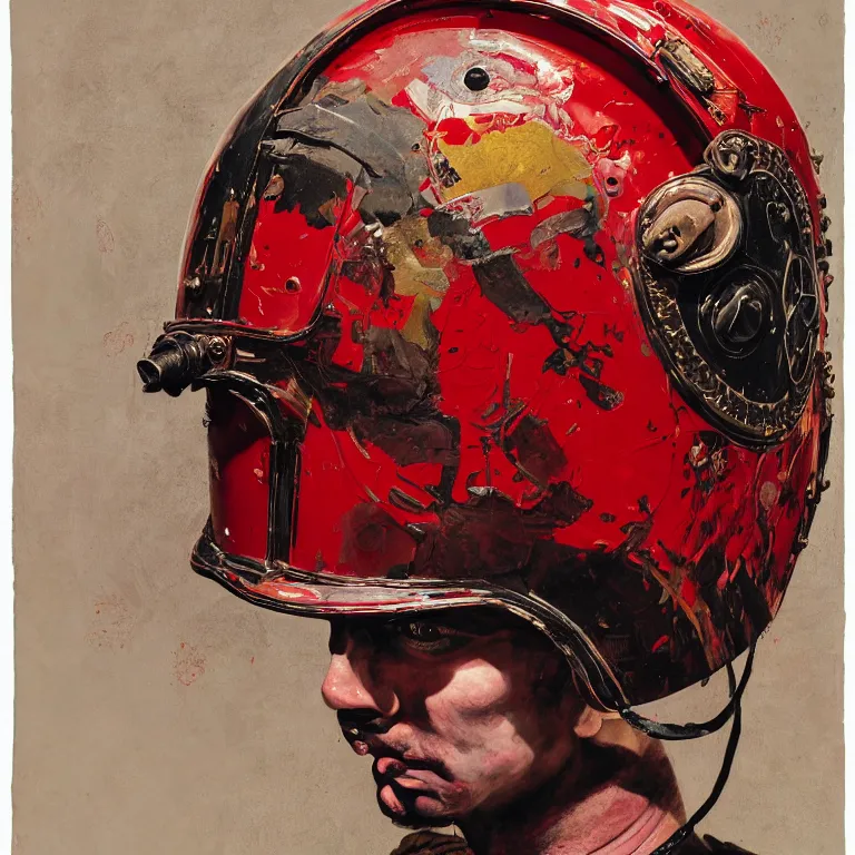 Image similar to portrait of a third reich soldier in ornate motorcycle dirt helmet in a helmet background red plastic bag, circuitboard,, rich deep colors, ultra detail, by francis bacon, james ginn, petra courtright, jenny saville, gerhard richter, zdzisaw beksinsk, takato yamamoto. masterpiece, elegant fashion studio ighting 3 5 mm