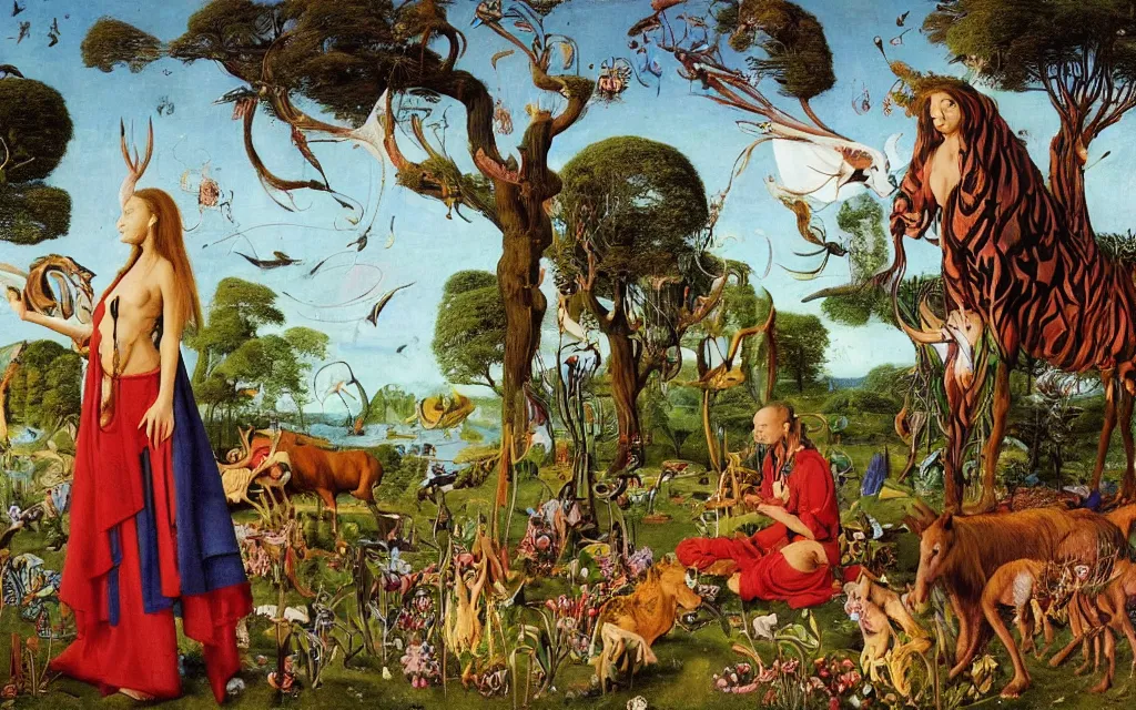 Image similar to photograph of a meditating centaur shaman and a striped catgirl feeding animals. surrounded by bulbous flowers, animals and a few trees. river delta with rock cliffs under a blue sky full of burning stars. painted by jan van eyck, max ernst, ernst haeckel, ernst fuchs and artgerm. trending on artstation, trending on cgsociety