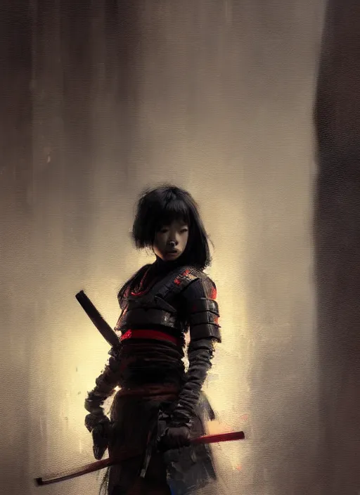 Image similar to female samurai girl, neon, rule of thirds, intricate outfit, spotlight, by greg rutkowski, by jeremy mann, digital painting