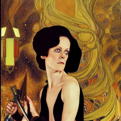 Prompt: portrait by joshua middleton of the young actress, sigourney weaver as ming the merciless, archenemy of flash gordon, saviour of the universe, klimt, mucha, 1 9 7 0 s poster,