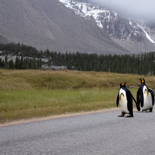 Image similar to penguins in cowboy hats walking across the road