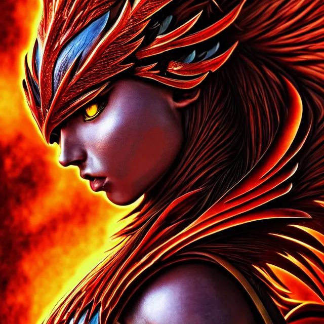 Image similar to phoenix warrior, artgerm, highly detailed, 8 k, hdr, close up, smooth, sharp focus, high resolution, award - winning photo