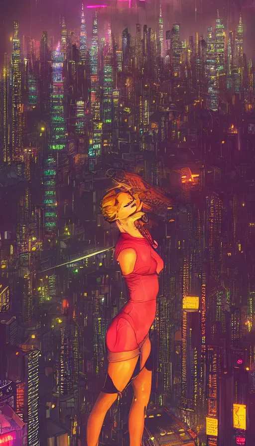 Prompt: night portrait of cyberpunk show girl on a roof, looking up at cityscape of vertical cyberpunk city with high towers, shanghai, Alena Aenami and artgerm