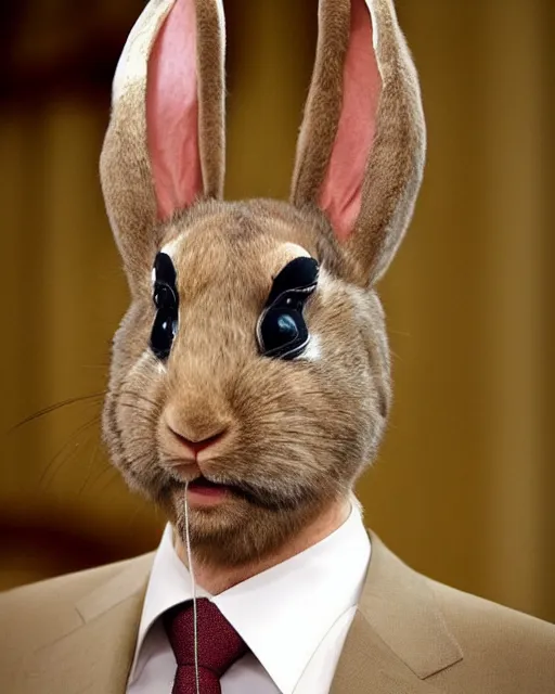 Image similar to vladimir putin in elaborate makeup as rabbit from the book winnie the poo, highly detailed rabbit makeup in the style of rick baker, vladimir has long rabbit ears, rabbit fur, rabbit snout