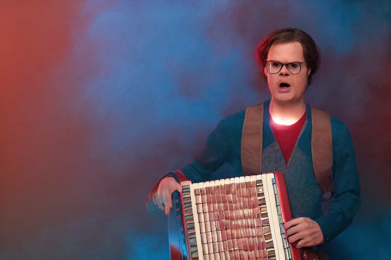 Prompt: dwight schrute playing the accordion aggressively, dramatic scene, heavy blue fog, red lightning strike, ultra wide angle, movie still, photorealistic, stranger things, netflix, upside - down, colorful lighting, grainy, aerial shot, shot from above, movie still