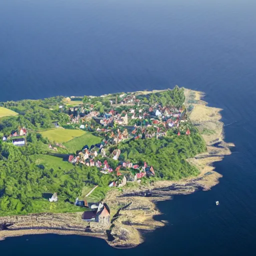 Prompt: the island of bornholm seen from a satellite. people are partying