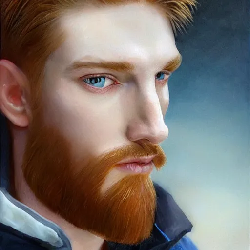 Image similar to 2 4 - year - old man, masculine face, hyper masculine features, very tall and muscular, extremely pale skin, square jaw, ginger hair, sapphire blue eyes, hyper realistic face, beautiful eyes, highly detailed, digital painting, smooth, sharp, strong face, expressive eyes, medium long wavy ginger hair, art by greg rutkowski and alex gray