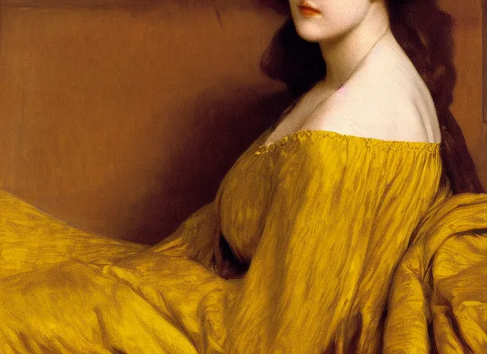 Image similar to portrait of jemma channing, wearing yellow ochre, preraphaelite colour photography by frederic leighton, 8 k